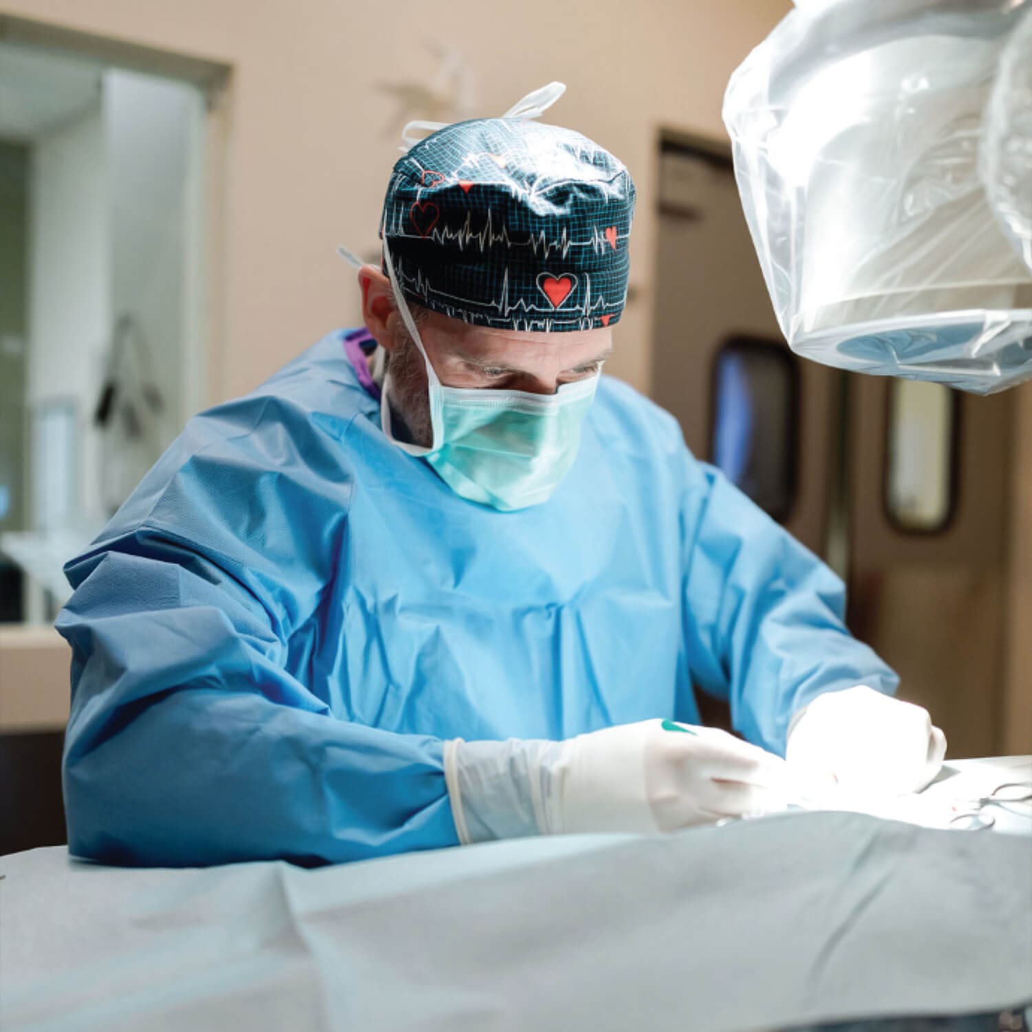 Male Veterinarian In Full Scrubs Performing Surgery Male Veterinarian In Full Scrubs Performing Surgery