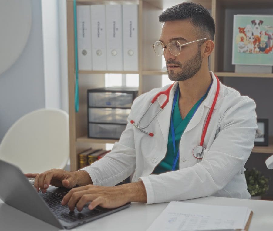 Vet On Laptop In Clinic
